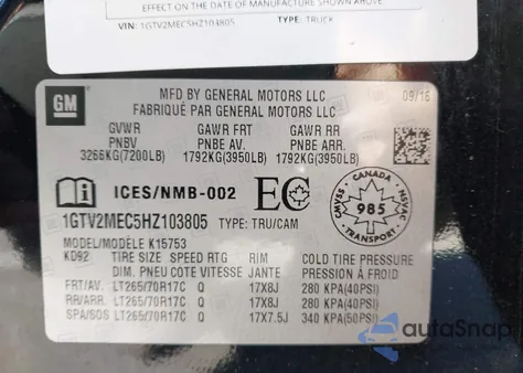 2017 GMC Sierra 1500 Sle из США, поврежденный, VIN 1GTV2MEC5HZ103805